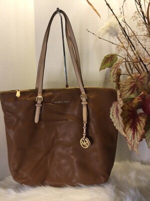 Michael Kors Jet Set Brown Leather Shoulder Bag Tote Gold Accent