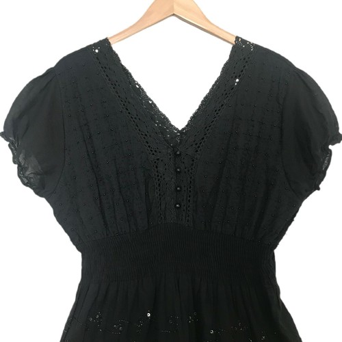 Ma Guggi Women's Black Beaded Short Puff Sleeve Elastic Waist Rockabilly Dress S - Picture 6 of 7