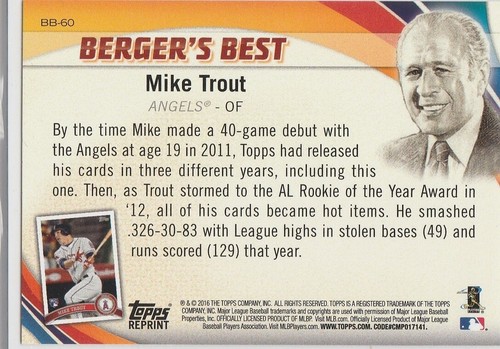 MIKE TROUT Topps RP ROOKIE CARD Berger's Best RC Los Angeles Angels Baseball - Picture 2 of 2
