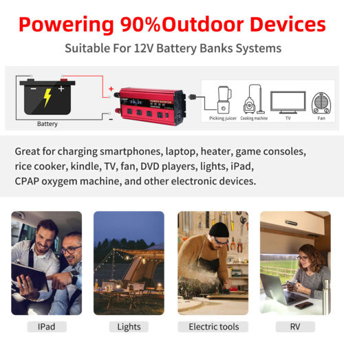 3000W rated Power Inverter DC 12V to AC 110V 120V Converter Car Camp 4*USB - Picture 4 of 15
