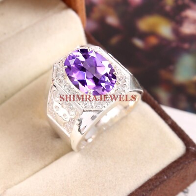 Natural Amethyst Gemstone with 18K White Gold Plated Silver Men's Ring #143