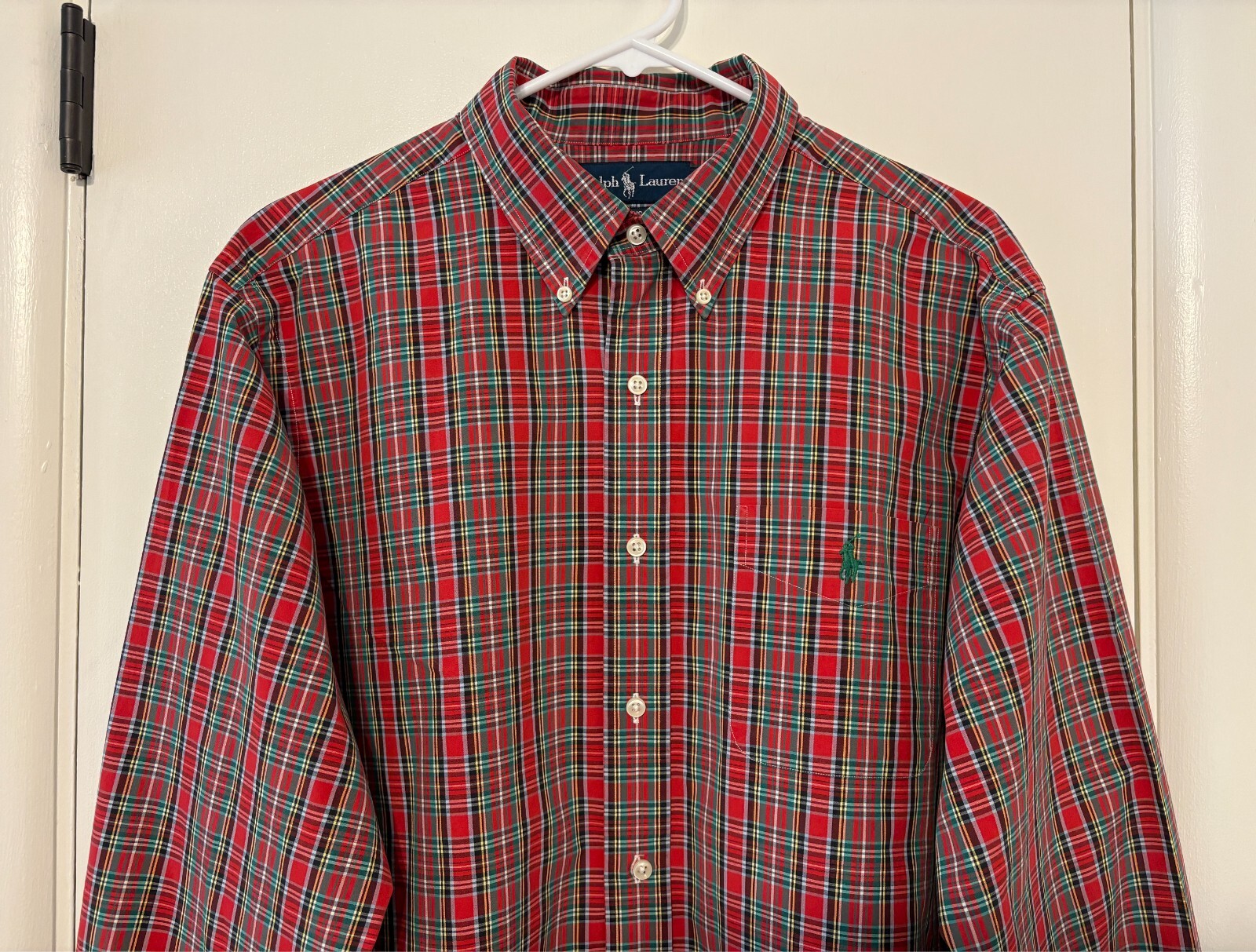 Polo Ralph Lauren uomo classica rossa verde a quadri con bottoni XL tasca pony