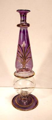 Hand Painted Etched Boho Perfume Bottle Bud Vase Amethyst & Gold Details Floral