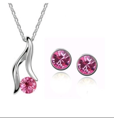 Necklace and Earrings Set Pink Colored Austrian Crystal Silver toned