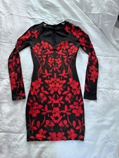 Guess Women’s Dress XSLong Sleeve Bodycon Floral Red Romantic Love Party  Cutout
