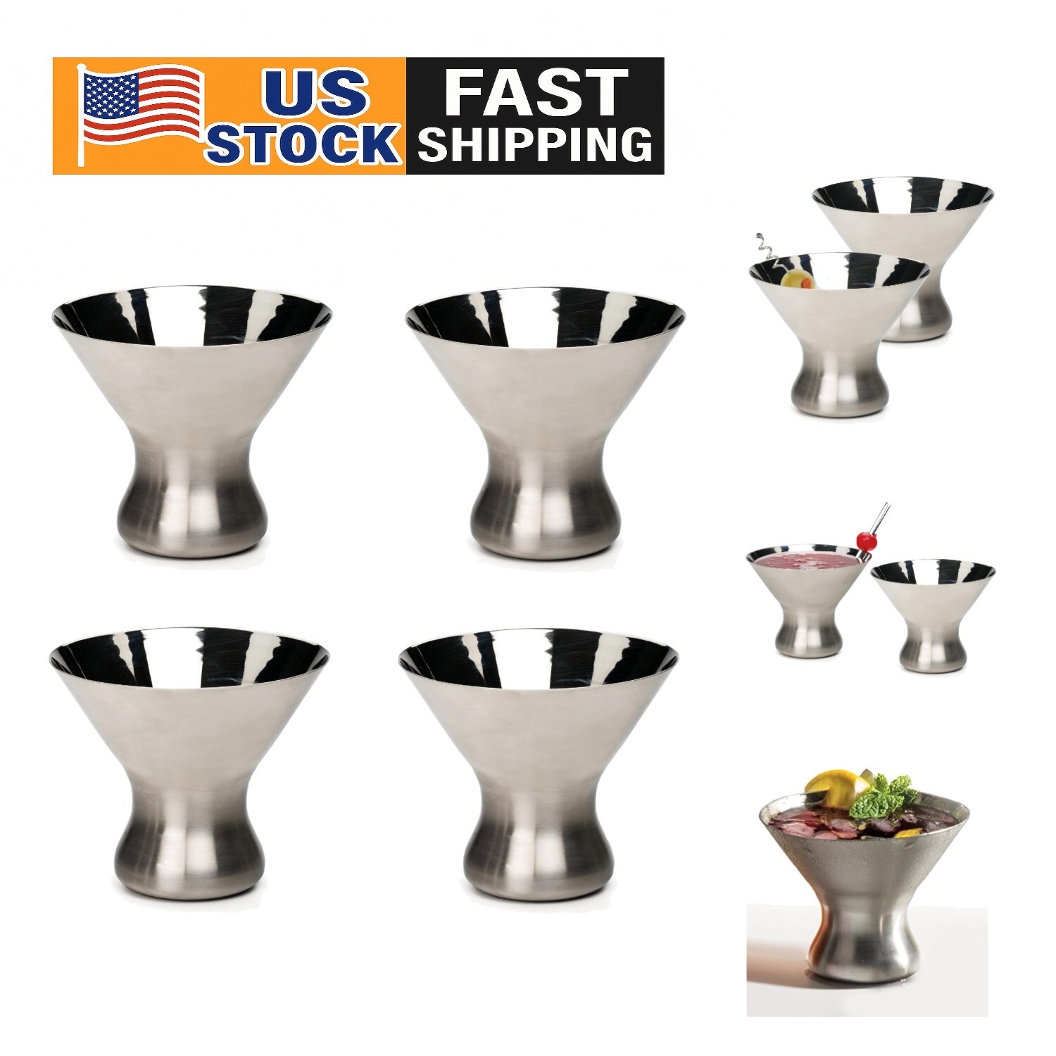 4-Pack 8oz Insulated Stainless Steel Stemless Martini Glasses - Sleek Modern Design