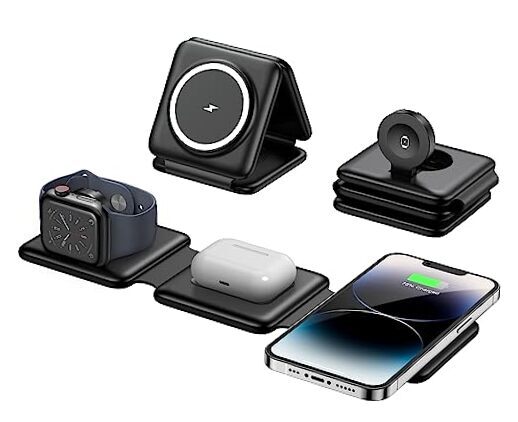 Magnetic Wireless Charger for iPhone: Fodable 3 in 1 Charging Dark black