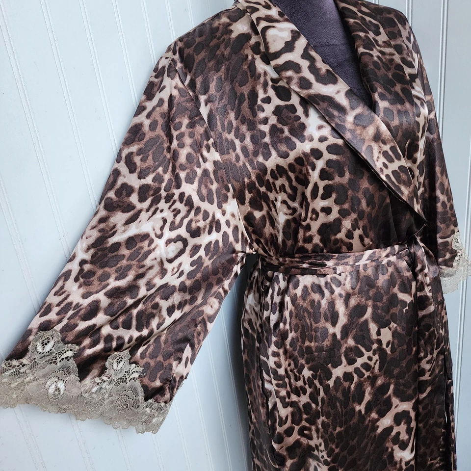 Jones New York Satinado Marrón Negro Guepardo Leopardo Bata Kinomo Manga de Encaje S/M Foto 4 de 4