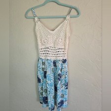 BOG Collective White and Blue Floral Crochet Tunic Dress Sz S New W/Tags