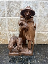 Vintage Hand Carved Wood Old Man Asian Shepherd Folk Art 10  Wooden Sculpture