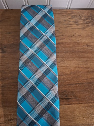 George Mens Necktie Light Blue Silver Plaid Shimmery - Picture 2 of 4
