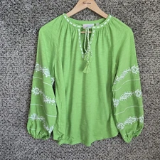Belle by Kim Gravel Top Womens XS Green Oversized Beach Tassel Embroidered