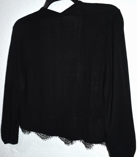Tommy Hilfiger Shrug Cardigan Womens Sz Medium Black Lace Hem Open Front Crop - Picture 2 of 15
