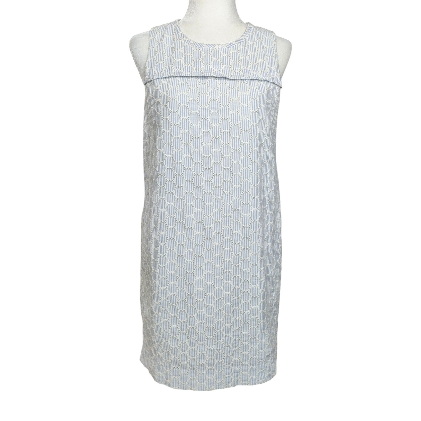 J.Crew Blue White Eyelet Shift Dress Sleeveless Pockets Preppy Nautical Size 6