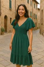 Baltic Born Women  s M Green Satin Smocked Midi Dress Flutter Sleeves
