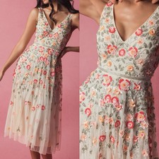Mac Duggal V-Neck Sleeveless Midi Floral Beaded A-Line Formal Dress Sz 2