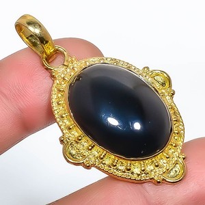 Authentic Natural Black Onyx Gemstone 925 Silver Gold Plated Pendant 1.95" P7622-633