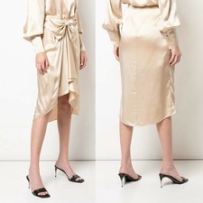 CINQ A SEPT 'Emma' Draped Satin High-Low Skirt w Bow, Sand Beige, Size 8, 398