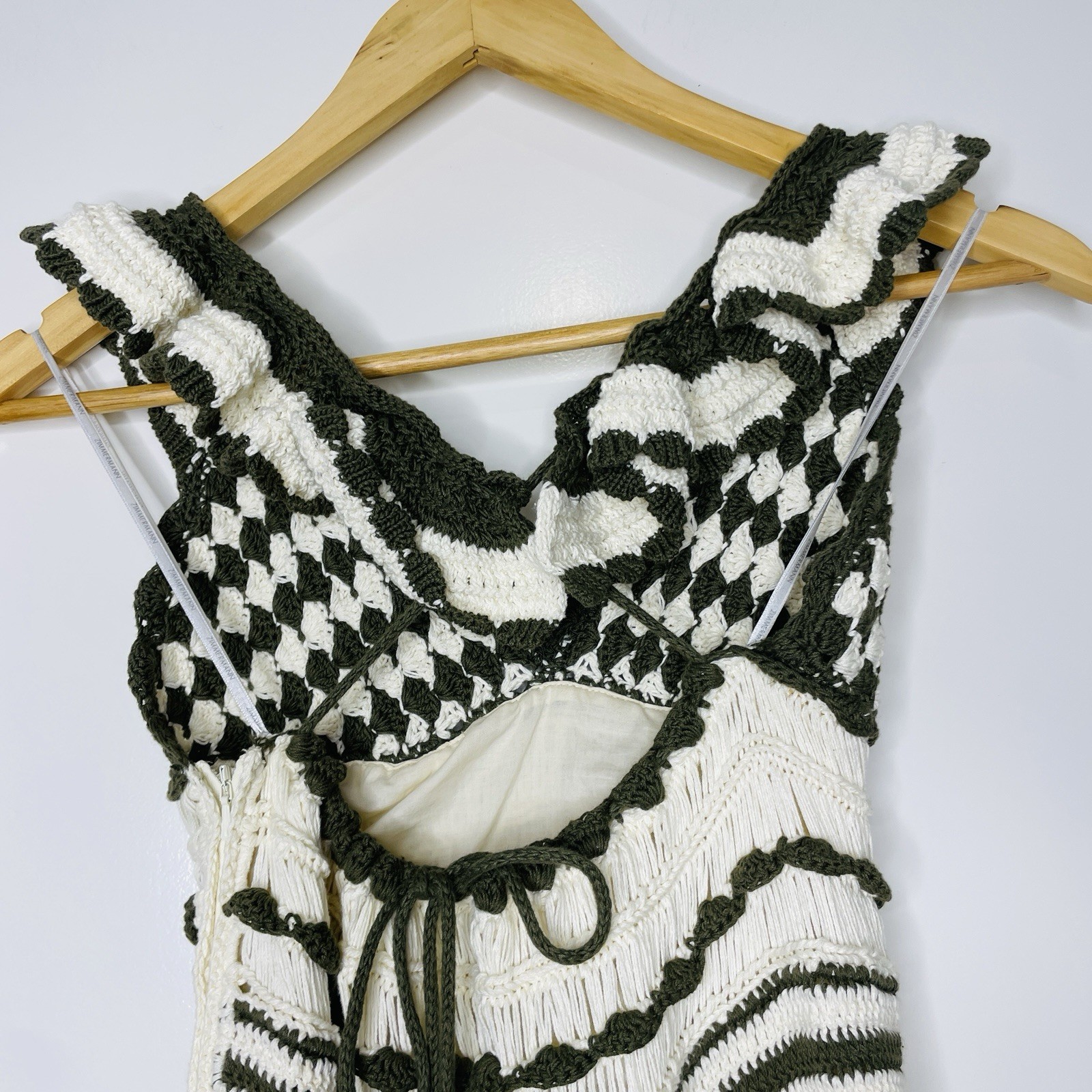 Zimmermann Devi Frill Cotton Crochet Midi Dress Size 0/AU 8/US 4 Cross Back Tie