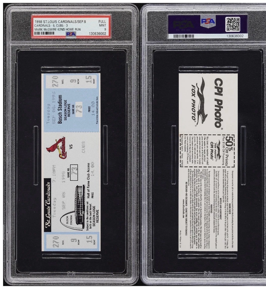 Mark McGwire 1998 62º juego de jonrones 8/09/1998 Cardinals boleto completo PSA 9 Foto 3 de 3