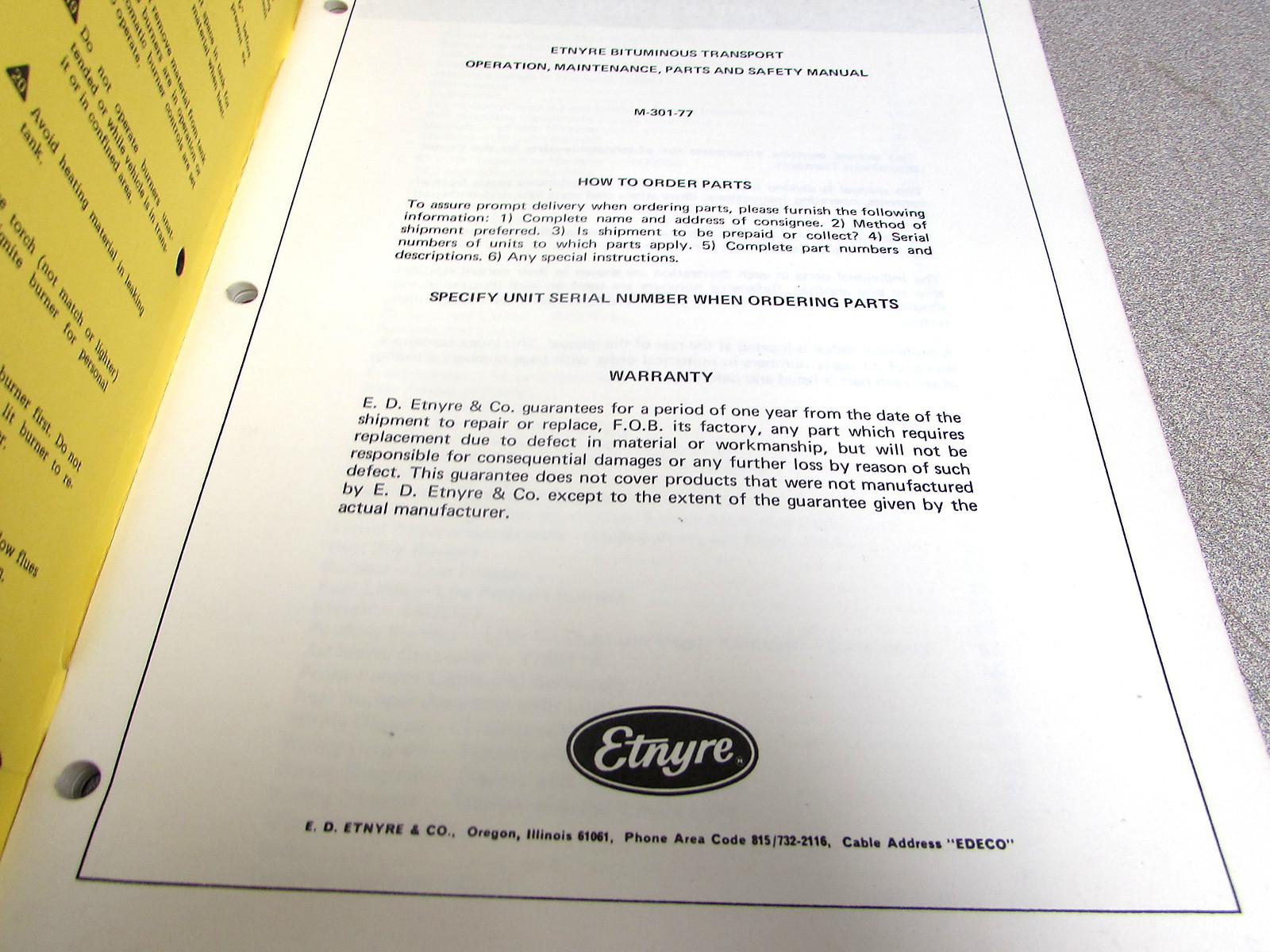 Etnyre M30177 Bituminous Transport Operation Maintenance Parts Safety