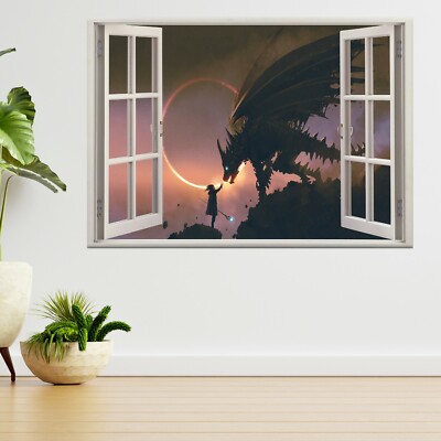 Szene des Zauberers erreicht Drache 3D Fensterblick Wandaufkleber Poster Aufkleber A488