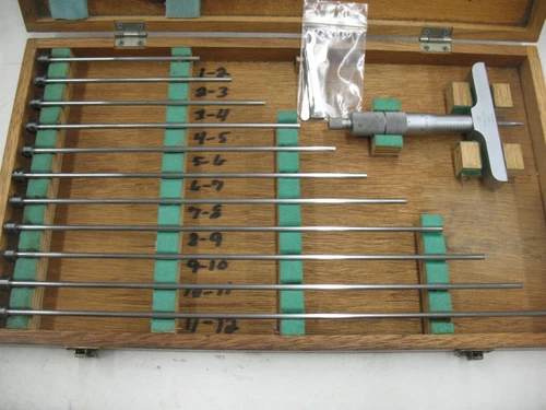 Mitutoyo Depth Micrometer 1-12 " 4 in Base with 2  1-2" Rods 1 Pointed & 1 Sq.
