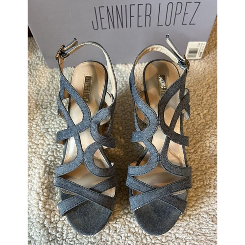 JENNIFER LOPEZ JLO SKYLAR Chambray Denim Gold Wedge Sandals US Size 9.5 with Box - Picture 2 of 8