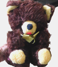 Vtg A  L Novelty Plush FUZZY Dark Brown Bow Sitting Teddy Bear 10" made in USA