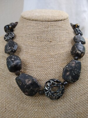 #ad Vintage Artificial Black Stone and Decorative Hollow Bead Necklace 16quot; 18quot; $9.10
