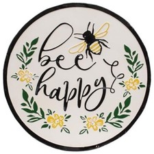 BEE Sign BEE HAPPY Distressed Enamel Sign HUGE 19.5" dia Honey Bee Bumble Bee