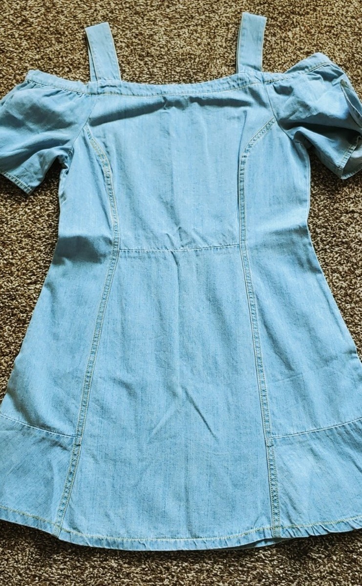 Forever 21 Size Medium Cold Shoulder Denim Fit And Flare Dress 100% Cotton