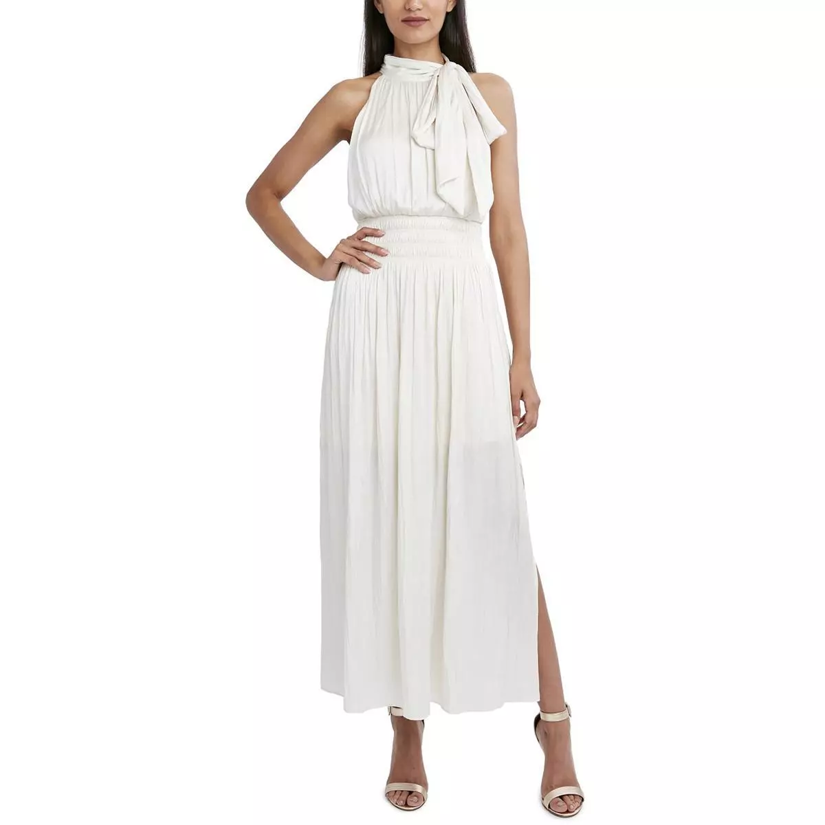 BCBGMAXAZRIA Women s Broomstick Satin Pleated Smocked Halter Maxi