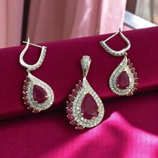 Pavé 14,80 cts Runde Brillant Diamanten Rubin Anhänger Ohrringe Set 14K Weißgold