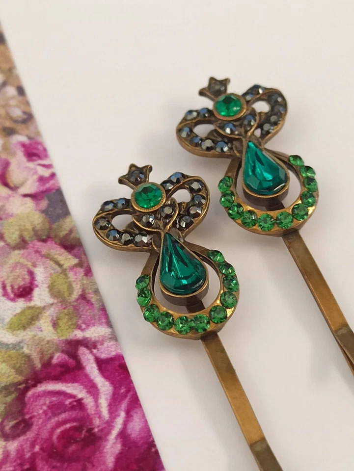 Michal Negrin Lote 2 Horquillas Cristales Verdes Reales Cordón Art Deco Regalo Caja Nueva Foto 2 de 4