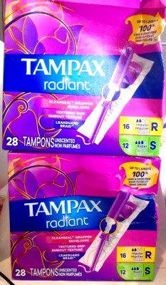 2 PK Tampax Radiant Duo Pack Tampons w/ LeakGuard Braid Regular & Super 28 Ct