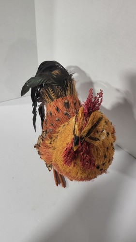 Rooster Statue Handmade of Straw Real Feathers Approximately 14" Tall - Picture 5 of 24