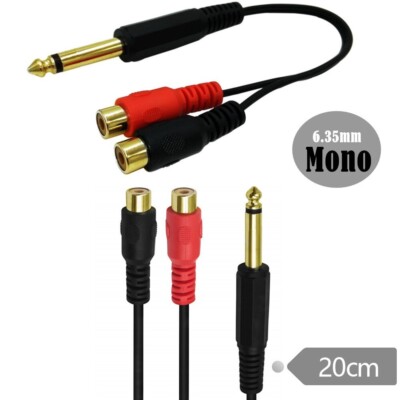 6.35mm 1/4 TS Mono Male To 2 RCA Female Converter Y Splitter Adapter Audio Cable
