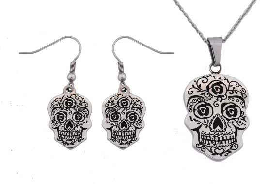 Juego de collar y pendientes calavera de azúcar para mujer acero inoxidable 74S