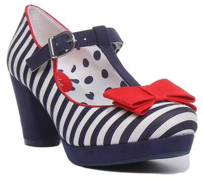 Ruby Shoo Jazz Womens Vegan T-Bar Mid Heel Shoes In Navy