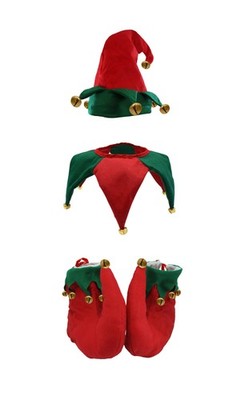 Adult Clown Elf Jester Hat Collar Shoes Accessories Set Costume Piece Kit 