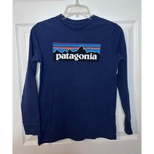 Patagonia Mountain Logo Boys Casual Daily Long Sleeve T Shirt Medium Navy