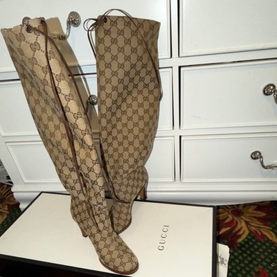 Gucci Logo Canvas Knee High Riding Boots Beige Brown Block Heel Tie Closure