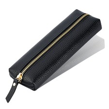 Genuine leather pen case Cowhide pencil pouch with zipper Soft black pen bag ...