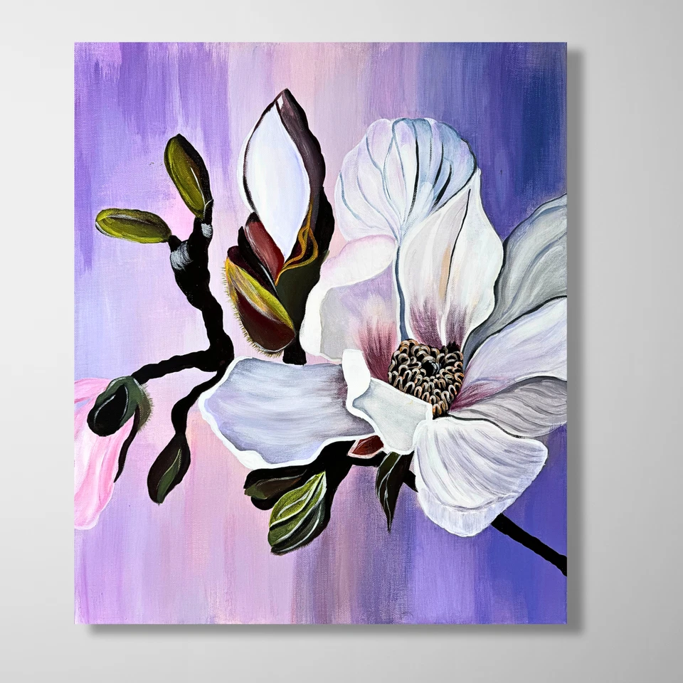 Magnolien Bild Handgemalt Acryl Gemälde 50x60 Leinwand Wandbild Modern Blumen - Bild 1 von 4