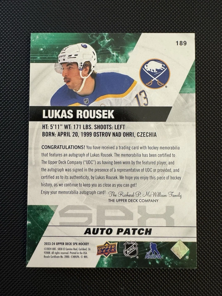  2023-24 Upper Deck SPx Lukas Rousek Rookie Patch Auto #189 Buffalo Sabres - Image 2 of 2