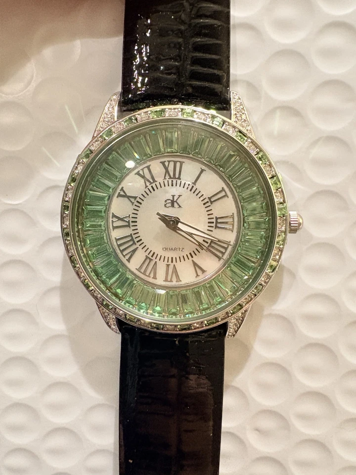 Adee Kaye Reloj Mujer Cuarzo Esfera Verde Reloj con Cuero Negro (Nuevo) Foto 4 de 4