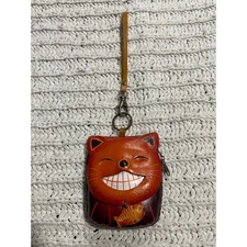 Handmade Leather Kitty Cat with Fish Wristlet Wallet Change Purse Artisan Orange