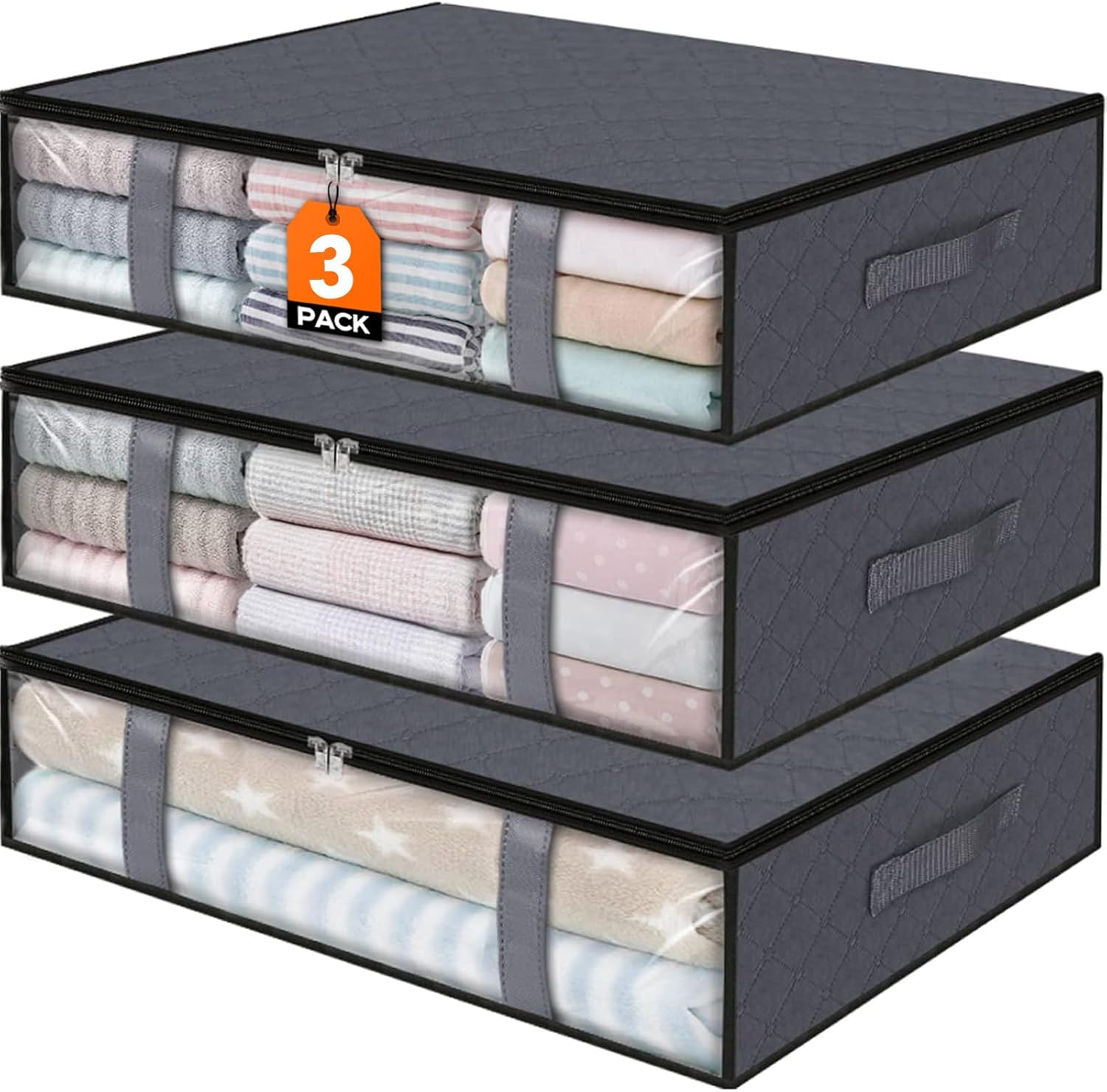 3-Pack Under Bed Storage Bins with Transparent Window,Breathable Organizer,Folda