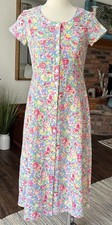 Vintage Linen Blend Shell Button Dress Midi Size 6P Pink Floral Cottagecore